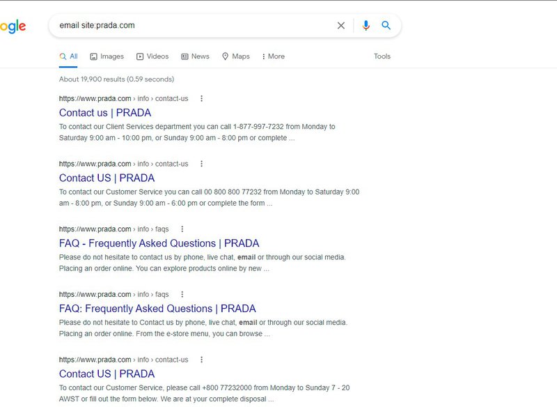 email site:prada.com google search results